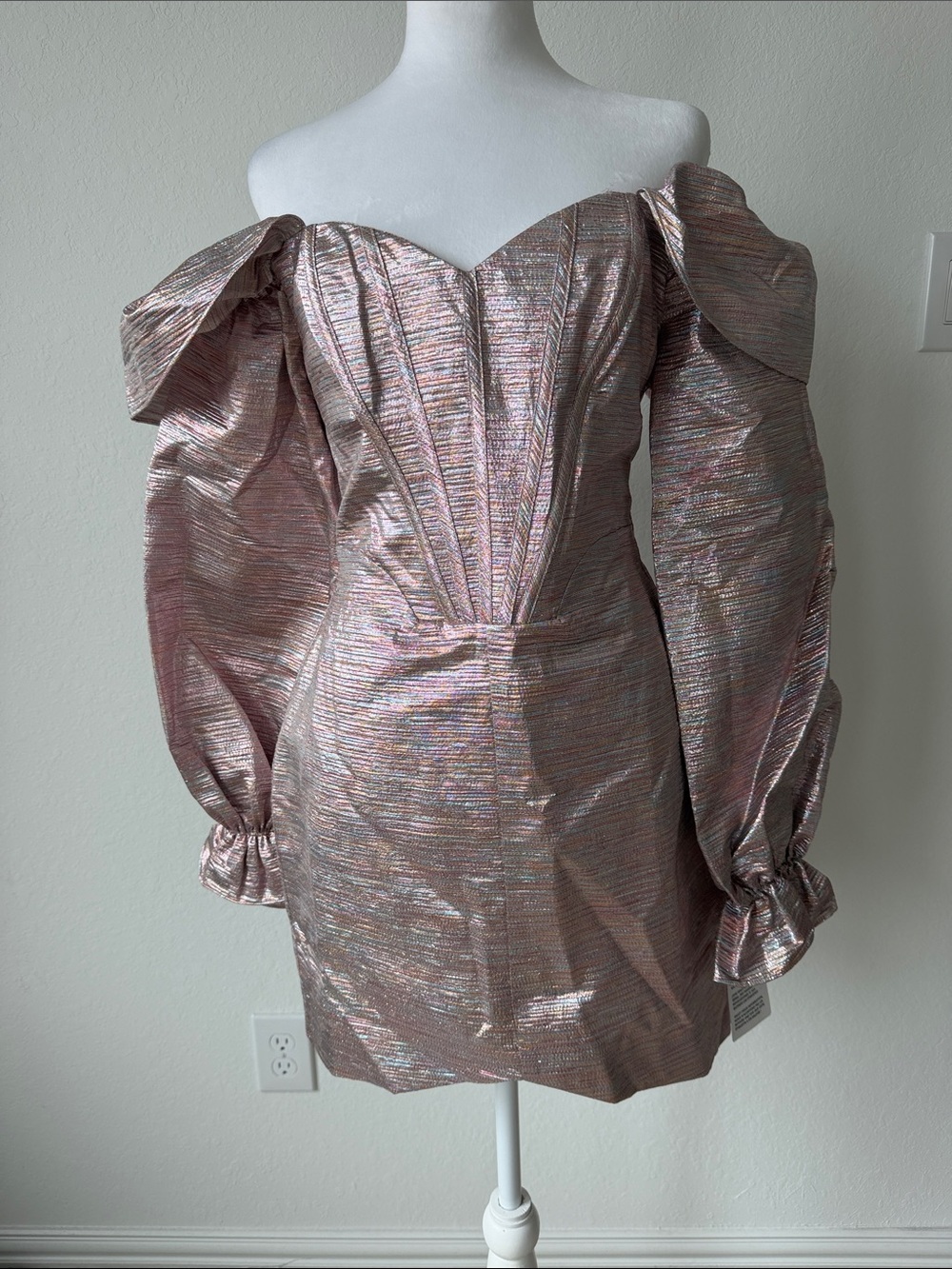 ASOS Metallic Pink Off-Shoulder Long Sleeve Mini Dress